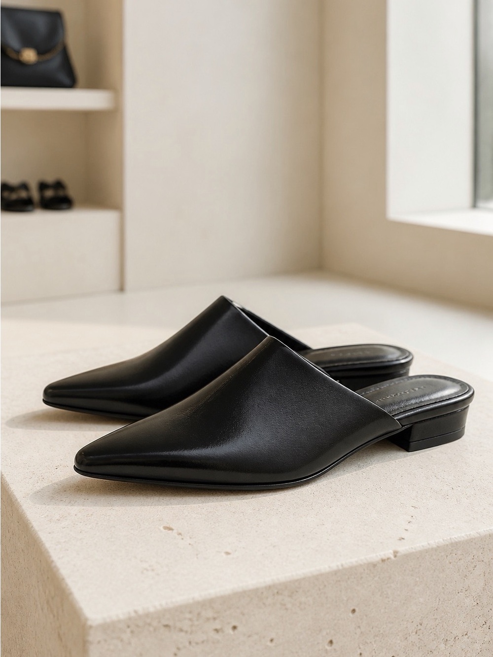 Woman’s Classic Black Faux Leather Mule Slides w/Pointed Toe & Block Heel 7.5